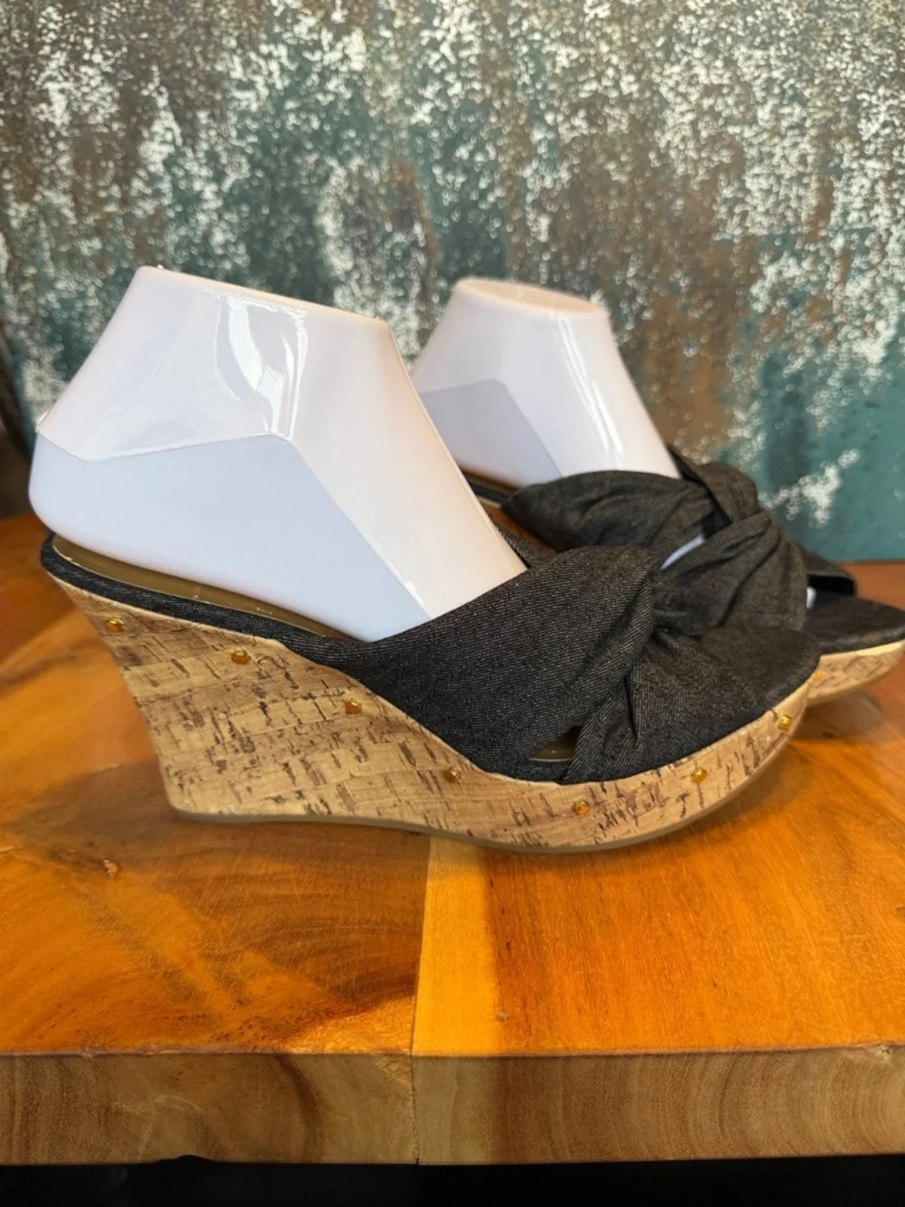 Dana‎ Buchman 2010s Classic Black Denim Cork Wedge Sandals (GUC)
